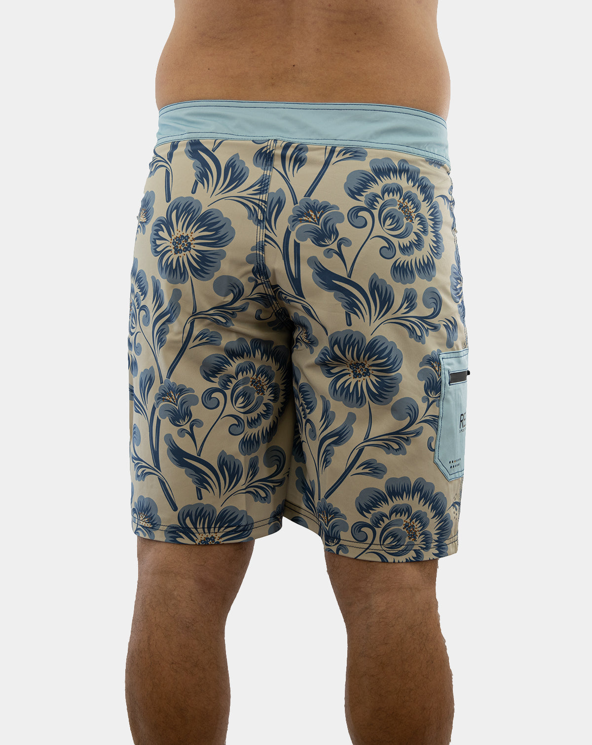 Stylish Sturgill Men's Boardshorts featuring bold floral print in shades of blue and antique white.