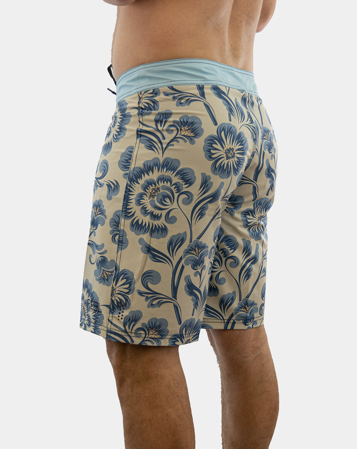 Stylish Sturgill Men's Boardshorts featuring bold floral print in shades of blue and antique white.