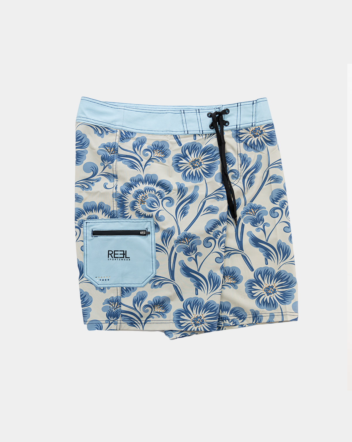 Stylish Sturgill Men's Boardshorts featuring bold floral print in shades of blue and antique white.